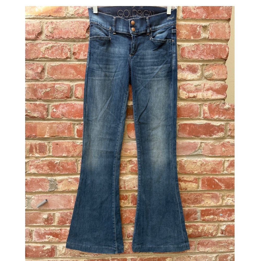 Goldsign Sissi Flare Jeans Medium Wash Double Button Wide Leg Denim Made in USA - Picture 2 of 13
